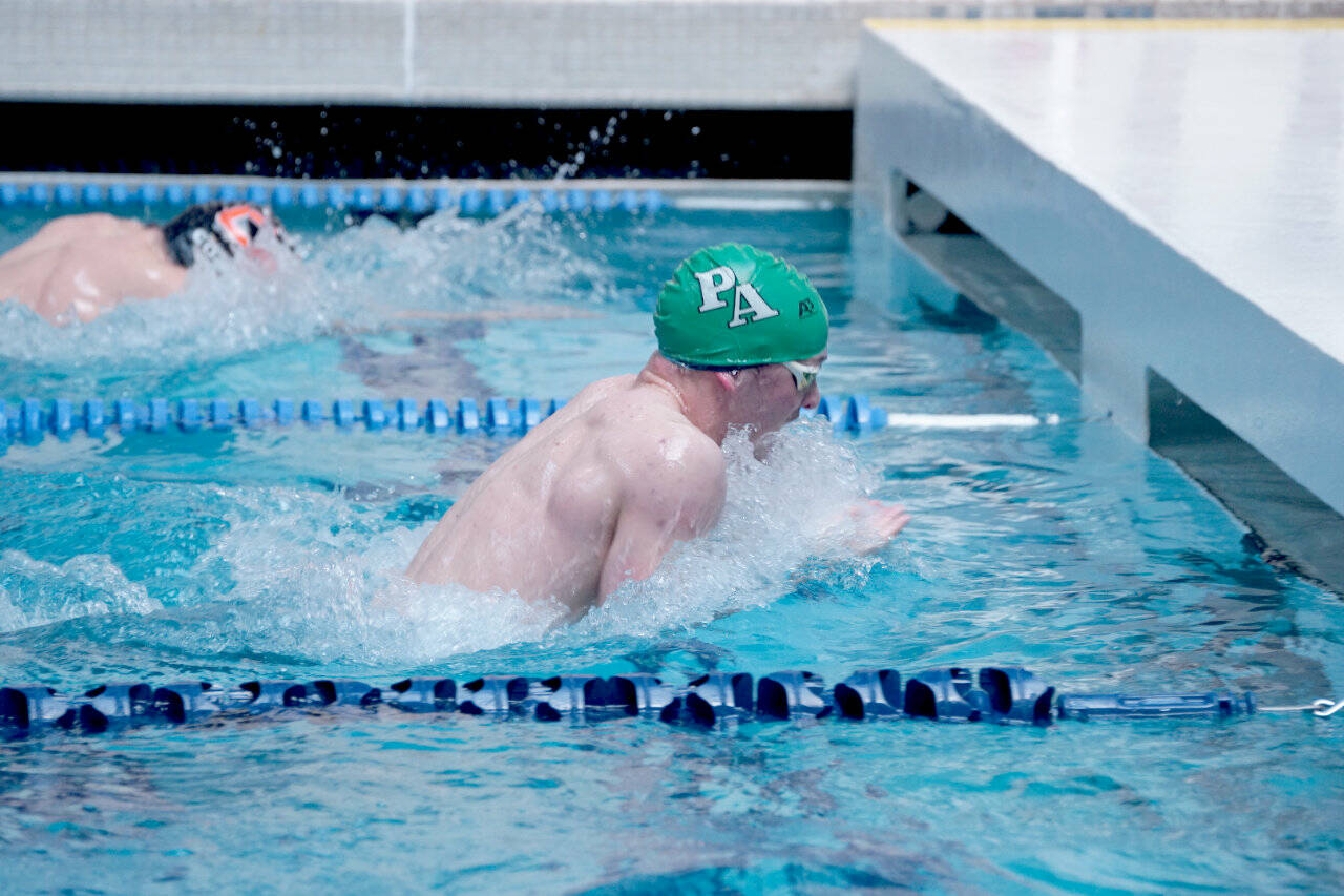 Port Angeles Edward Gillespie competes in the 100 breaststroke at the Swimvitational at the Olympic Aquatic Center in Silverdale. (Linda Adams)