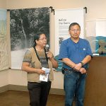 Lower Elwha Klallam Tribal Chairwoman Francis Charles, left, and Robert Elofson, the tribe&rsquo;s river restoration director, speak Thursday at the opening of a new exhibit on the Elwha River and dam removal at the Elwha Klallam Heritage Center in Port Angeles.(Keith Thorpe/Peninsula Daily News)                                Lower Elwha Klallam Tribal Chairwoman Francis Charles, left, and Robert Elofson, the tribe&rsquo;s river restoration director, speak Thursday at the opening of a new exhibit on the Elwha River and dam removal at the Elwha Klallam Heritage Center in Port Angeles.(Keith Thorpe/Peninsula Daily News)