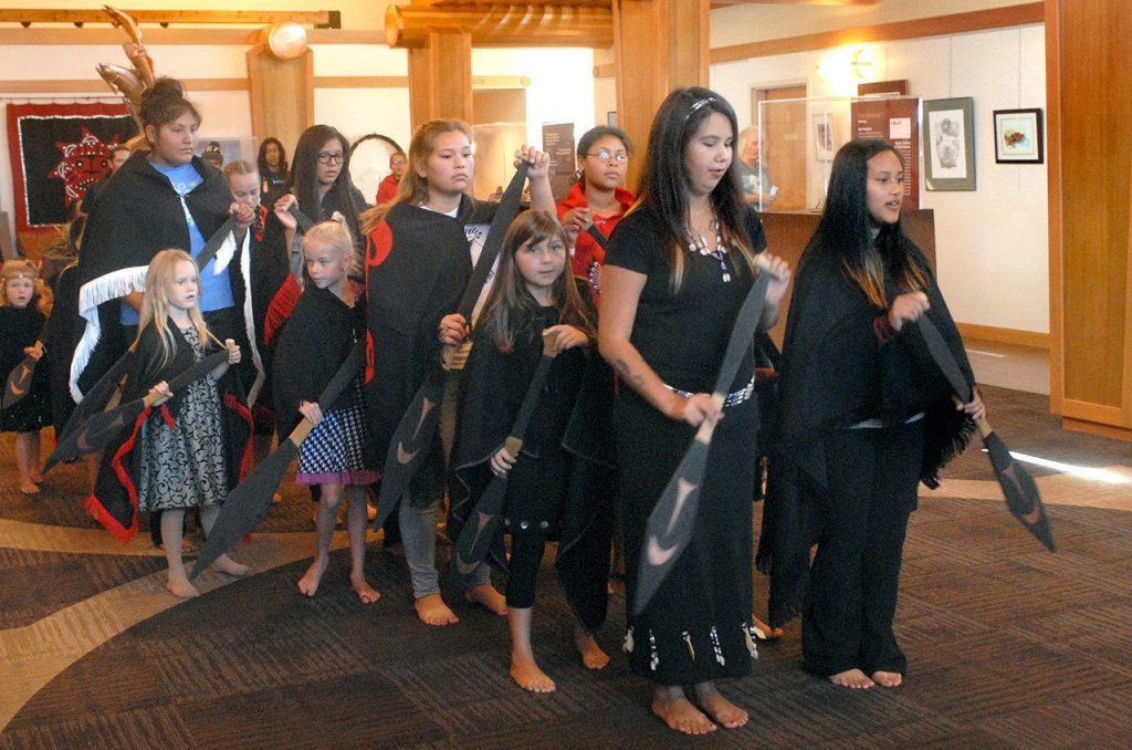 Lower Elwha Klallam dancers perform at the Elwha Klallam Heritage Center after Thursday&rsquo;s opening of a new exhibit on the Elwha River. (Keith Thorpe/Peninsula Daily News)                                Lower Elwha Klallam dancers perform at the Elwha Klallam Heritage Center after Thursday&rsquo;s opening of a new exhibit on the Elwha River. (Keith Thorpe/Peninsula Daily News)