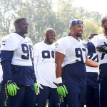 The Associated Press Seattle defensive linemen including Jarran Reed (90) Jordan Hill (97) and Michael Bennett (72) joke between drills at a recent practice.