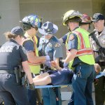 Paramedics and officers respond to a mass shooting drill at Greywolf Elementary School in Carlsborg on Friday. (Jesse Major/Peninsula Daily News)