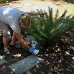 Joanne Clark, the secretary/treasurer for the Fraola Cemetery, places a fresh flower vase at a marker for Martin Edwin Brooks at the cemetery in Olalla on Aug. 5. The marker was found by the side of the road in Lewis County. (Larry Steagall/Kitsap Sun via AP)