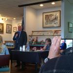 State Rep. Kevin Van De Wege and Danille Turissini, right, candidates for a 24th state Legislative District seat, spoke at a breakfast forum Tuesday. (Paul Gottlieb/Peninsula Daily News)