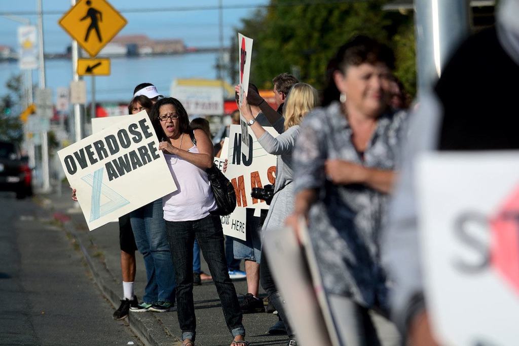 A crowd gathers before the overdose awareness walk in Port Angeles on Tuesday. (Jesse Major/Peninsula Daily News)