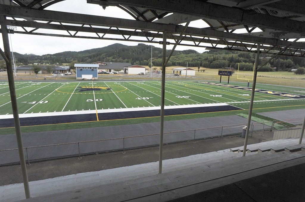 Lonnie Archibald/for Peninsula Daily News The new FieldTurf surface, synthetic track and donated scoreboard at Forks&rsquo; Spartans Stadium.