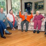 Laurel Place Assisted Living Center residents, from left, Joyce Madison, 86, Craig Donelson, 61, Norma Sue Becker, 89, Lois Draper, 94, Mildred Marie Harris, 95, and Maxine Clark, 103, gather on the eve of taking a tethered balloon ride, scheduled for today at Port Angeles Civic Field. (Keith Thorpe/Peninsula Daily News)