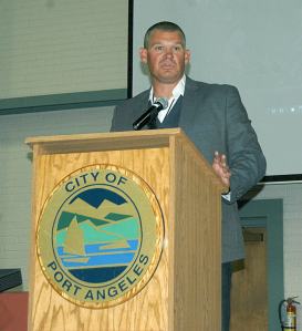 Team co-owner Matt Acker introduces the West Coast League&rsquo;s newest team, the Port Angeles Lefties, at the Vern Burton Community Center on Thursday. (Rob Ollikainen/Peninsula Daily News)