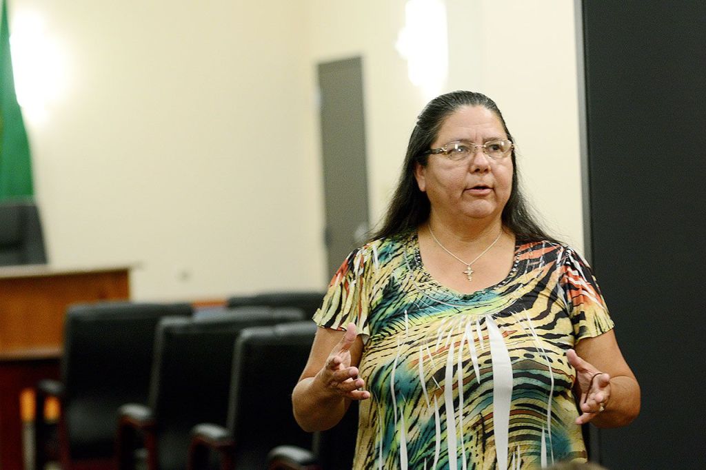 Lower Elwha Klallam Tribal Chairwoman Frances Charles welcomes guests to the tribe&rsquo;s new justice Tuesday. (Jesse Major/Peninsula Daily News)