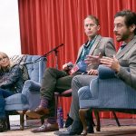 Port Townsend Film Festival special guests Karen Allen, left, and Andrew Perez, right, discussed their acting careers during a presentation moderated by Seattle film critic Robert Horton at Port Townsend High School on Friday. (Cydney McFarland/Peninsula Daily News)