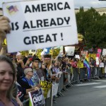 Protesters line a barricade outside a rally for Republican presidential candidate Donald Trump on Tuesday in Everett. (Ted S. Warren/The Associated Press)
