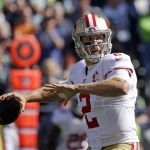 San Francisco 49ers quarterback Blaine Gabbert throws against the Seattle Seahawks in the first half of an NFL football game, Sunday, Sept. 25, 2016, in Seattle. (AP Photo/Ted S. Warren)