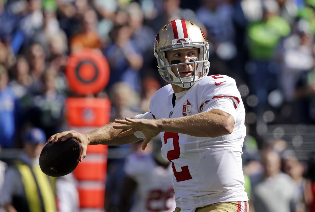 San Francisco 49ers quarterback Blaine Gabbert throws against the Seattle Seahawks in the first half of an NFL football game, Sunday, Sept. 25, 2016, in Seattle. (AP Photo/Ted S. Warren)