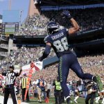 Seattle Seahawks&rsquo; Jimmy Graham (88) leaps in celebration after scoring a touchdown against the San Francisco 49ers in the first half of an NFL football game, Sunday, Sept. 25, 2016, in Seattle. (AP Photo/John Froschauer)