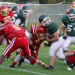 Dave Logan/for Peninsula Daily News Port Angeles&rsquo; Jace Lausche is hit by Mount Tahoma&rsquo;s Sonny Te&rsquo;o. The hit forced a fumble which the Thunderbirds recovered.