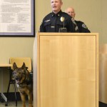 Sgt. Mike Hill speaks about his former partner Chase the K-9 officer, who officially retired Monday after being with the Sequim Police Department since 2008. Police Chief Bill Dickinson said he plans to continue the K-9 officer program in the coming months after they find a replacement dog and begin training new K-9 officer Tony Bush. (Matthew Nash/Olympic Peninsula News Group)