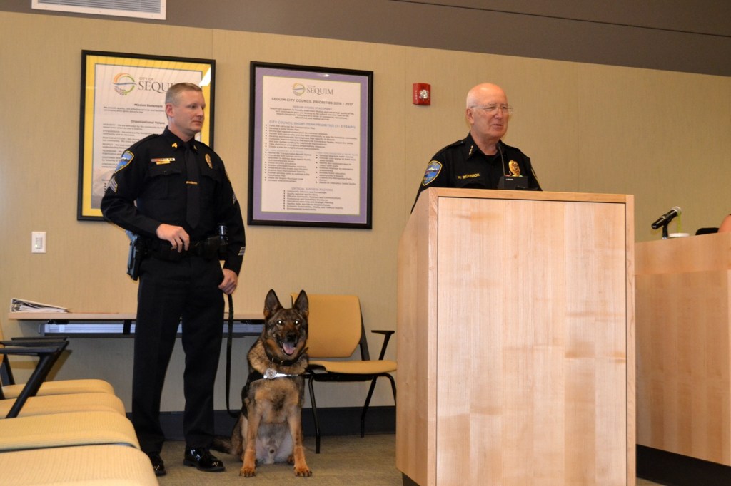 Sequim Police Chief Bill Dickinson said costs for Sequim&rsquo;s K-9 officer Chase have been paid for by the community. He&rsquo;s worked with Sgt. Mike Hill since 2008 and together they&rsquo;ve worked on at least 200 arrests. &ldquo;Chase has been the city&rsquo;s dog,&rdquo; Dickinson said. &ldquo;He&rsquo;s everybody&rsquo;s dog.&rdquo; (Matthew Nash/Olympic Peninsula News Group)