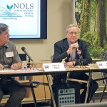 Incumbent Steve Tharinger, a Sequim Democrat, center, and John Alger, a Sequim Republican, square off during a League ofWomen Voters of Clallam County forum Thursday at the Port Angeles Library, discussing the McCleary decision, taxes and Planned Parenthood. Vicci Rudin, right, moderated the discussion. (Chris McDaniel/Peninsula Daily News)