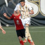 Keith Thorpe/Peninsula Daily News Peninsula&rsquo;s Miguel Valderrama steps in front of Skagit Valley&rsquo;s Artmando Farias in first-half action on Wednesday in Port Angeles.