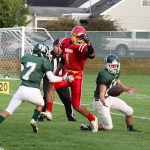 Dave Logan/for Peninsula Daily News                                Port Angeles&rsquo; Easton Joslin, right, nearly intercepts a pass intended for Mount Tahoma&rsquo;s Ira Branch (1), as Roughriders&rsquo; teammate Rudy Valdez watches during a game last month.