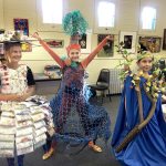 2553: Middle school students Nadia Fisch, Ruby Mills and Biaani Egeler have worked on their creations in a class at the Port Townsend School of Art. They will be presenting them at the student Wearable Art Show on Saturday. (Margie McDonald/Wearable Art Show)