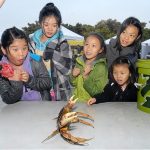 Crab Festival visitors, from left, Anabelle Chui, 9, Faustina Chui, 12, Matteah Cho, 8, Kiyah Cho, 10, and Ella Cho, 5, all from Vancouver, B.C., examine a live crab at Saturday&rsquo;s crab derby, a signature event of the Dungeness Crab & Seafood Festival in Port Angeles. (Keith Thorpe/Peninsula Daily News)