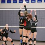 Steve Mullensky/for Peninsula Daily News                                Chimacum&rsquo;s Chloe Patterson, 30, and Kyla Gates, 25, get set to block a shot by Port Townsend&rsquo;s Torriana Minnahan, 13, during action in a game on Tuesday in Chimacum.