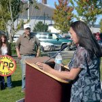 Carmen Bitzer with Stand with Standing Rock Jefferson speaks at a rally in September against the Dakota Access Pipeline. (Cydney McFarland/Peninsula Daily News)