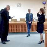 Vanessa Ridgway, right, is sworn in to the Washington State Bar Association as a limited-license legal technician by Clallam County Superior Court Judge Eric Rohrer, left. She is the first LLLT on the North Olympic Peninsula. At center is attorney Mark Baumann. (Vanessa Ridgway)