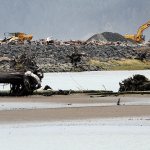 Construction crews work to rebuild the Rialto Beach jetty as seen from across the Quillayute River from LaPush. (Lonnie Archibald)