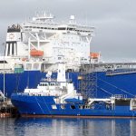 The tanker Polar Discovery sits at the Port of Port Angeles Terminal 1 pier on Saturday. In the foreground is the W.C. Park Responder. (Keith Thorpe/Peninsula Daily News)