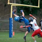 Steve Mullensky/for Peninsula Daily News Chimacum&rsquo;s Bruce Seton, 50, nearly hauled in this pass for a touchdown but the ball slipped out of his hands while defended by Coupeville&rsquo;s Hunter Smith.