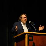 Daniel James Brown speaks at Port Angeles High School. (Michael Dashiell/Olympic Peninsula News Group)
