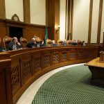 Alan Copsey, right, a deputy attorney general for the state of Washington, speaks during a Sept. 7 hearing before the state Supreme Court on a lawsuit against the state over education funding in Olympia. (Ted S. Warren/The Associated Press)