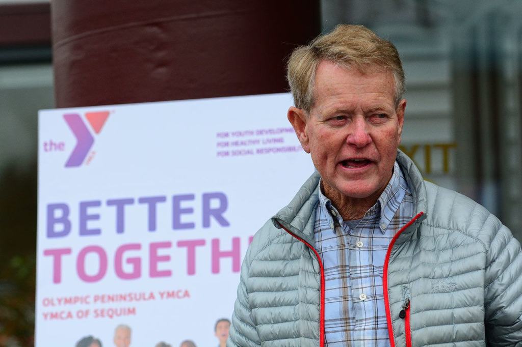 Randy Johnson, Olympic Peninsula YMCA board member, said during the grand opening of the YMCA of Sequim that the new Y is a result of everybody coming together. (Jesse Major/Peninsula Daily News)