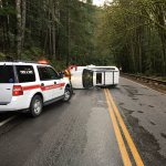A 2006 Toyota Highlander landed on its side after a rollover wreck at 2:22 p.m. Sunday near milepost 225 on U.S. Highway 101 along Lake Crescent. (Clallam County Fire District No. 2)