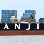 Several stacks of containers on the Hanjin Seattle fell over before the ship was in Port Angeles Harbor. The container ship left the Port of Long Beach on Oct. 28 and arrived in Port Angeles on Monday, according to marinetraffic.com. (Jesse Major/Peninsula Daily News)