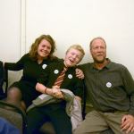 Kate Dean celebrates with Rennie and Fennegan O&rsquo;Donnell and Bob Simmons after learning of her lead in the county commissioner race. (Cydney McFarland/Peninsula Daily News)