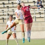Jay Cline/for Peninsula Daily News Peninsula&rsquo;s Kameryn Jury-Hale (13) and North Idaho&rsquo;s Megan Lowery (13) vie for the ball as the Pirates&rsquo; Isabel Vega looks on during Peninsula&rsquo;s 3-1 NWAC Soccer Semifinal at Starfire Stadium in Tukwila.