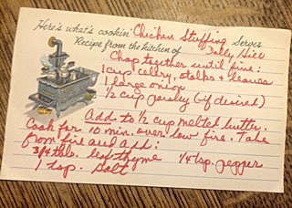 Betsy Wharton/for Peninsula Daily News                                The original recipe card Betsy Wharton&rsquo;s maternal grandmother, Dolly, used for chicken stuffing every Thanksgiving.