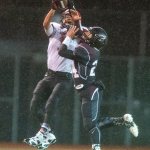 Photo by Evan Abell/Bellingham Herald                                Neah Bay&rsquo;s Kenrick Doherty Jr., left, catches a pass over Lummi&rsquo;s Noah Toby at Everett Memorial Stadium in Everett.