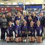 The Quilcene volleyball squad celebrates finishing fourth at the State 1B Volleyball Tournament at the SunDome in Yakima. The Rangers finished the season 22-2.