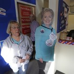 Sen. Patty Murray, D-Wash., walks past a life-size photo of former Secretary of State Hillary Clinton at a campaign office in Seattle on Friday. (Ted S. Warren/The Associated Press)