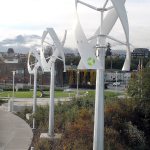 A series of wind turbines sit idle along the Valley Creek Estuary bordering the West End Park on the Port Angeles waterfront. (Keith Thorpe/Peninsula Daily News)