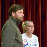 State Rep.-elect Mike Chapman and Clallam County Progressives member Chanda Mast advocated party unity at the Clallam County Democrats&rsquo; reorganization meeting at Jefferson School in Port Angeles on Dec. 3. (Diane Urbani de la Paz/For Peninsula Daily News)