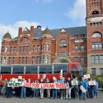 Port Ludlow residents protest Port Ludlow Associates&rsquo; timber harvest in front of the Jefferson County Courthouse in April. (William Dean)
