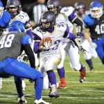 Jeff Halstead/for Peninsula Daily News Sequim&rsquo;s Gavin Velarde (23) scored five touchdowns in the Wolves&rsquo; win over Olympic. Velarde has been selected the All-Peninsula Football MVP.