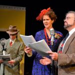 Dan DePrez, Ingrid Nixon and Keith Curtis, from left, open the beginning of Olympic Theatre Arts&rsquo; performance of &ldquo;It&rsquo;s a Wonderful Life&rdquo; during a recent rehearsal. The trio, and several others, appear in the live radio play that features an organist, sound effects and more in a New York radio studio. It runs Dec. 8-11. (Matthew Nash/Olympic Peninsula News Group)