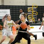 Rick Ross/Peninsula College Peninsula&rsquo;s Sephora Yayouss gathers the basketball while defended by Shoreline&rsquo;s Danielle Hays during the Pirates&rsquo; 80-61 win over the Dolphins.