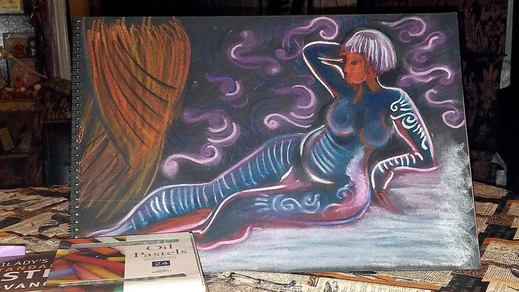 Port Angeles artist Rhiannon Williamson will create paintings &mdash; such as the one shown above &mdash; while Bread and Gravy performs at Bar N9ne during the Second Weekend Art Walk in Port Angeles.