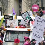 This view near the main stage at Third and Independence in Washington, D.C., offers some sense of how tightly packed the crowds were at the Women&rsquo;s March on Washington. A wide range of mostly handmade signs, from serious to angry to tongue in cheek, were on display throughout the march. At the end of the day, many marchers hung their signs on railings near the White House. (Libby Wennstrom/for Peninsula Daily News)